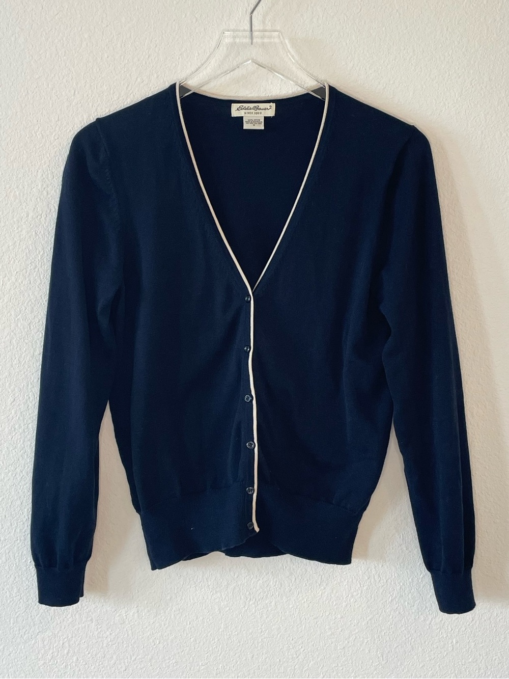 Eddie Bauer Navy Cardigan with Cream Piping 100% Cotton Natural Fibers